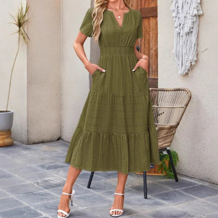 Vestido largo Mujer de lino Manga corta cuello en V