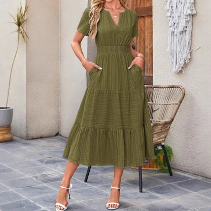 Vestido largo Mujer de lino Manga corta cuello en V