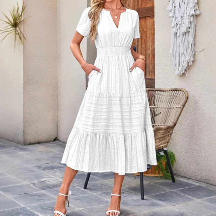 Vestido largo Mujer de lino Manga corta cuello en V