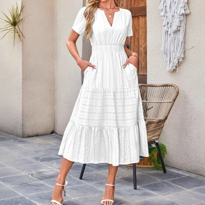 Vestido largo Mujer de lino Manga corta cuello en V