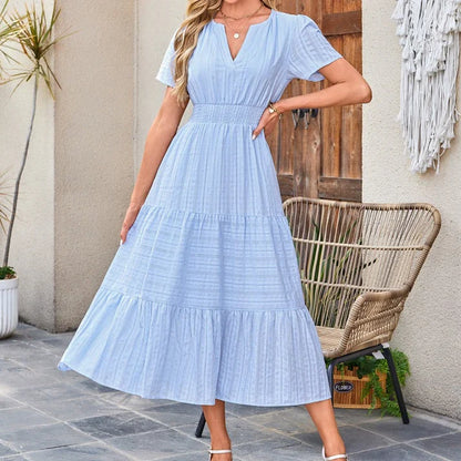 Vestido largo Mujer de lino Manga corta cuello en V