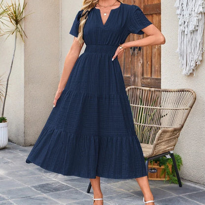 Vestido largo Mujer de lino Manga corta cuello en V