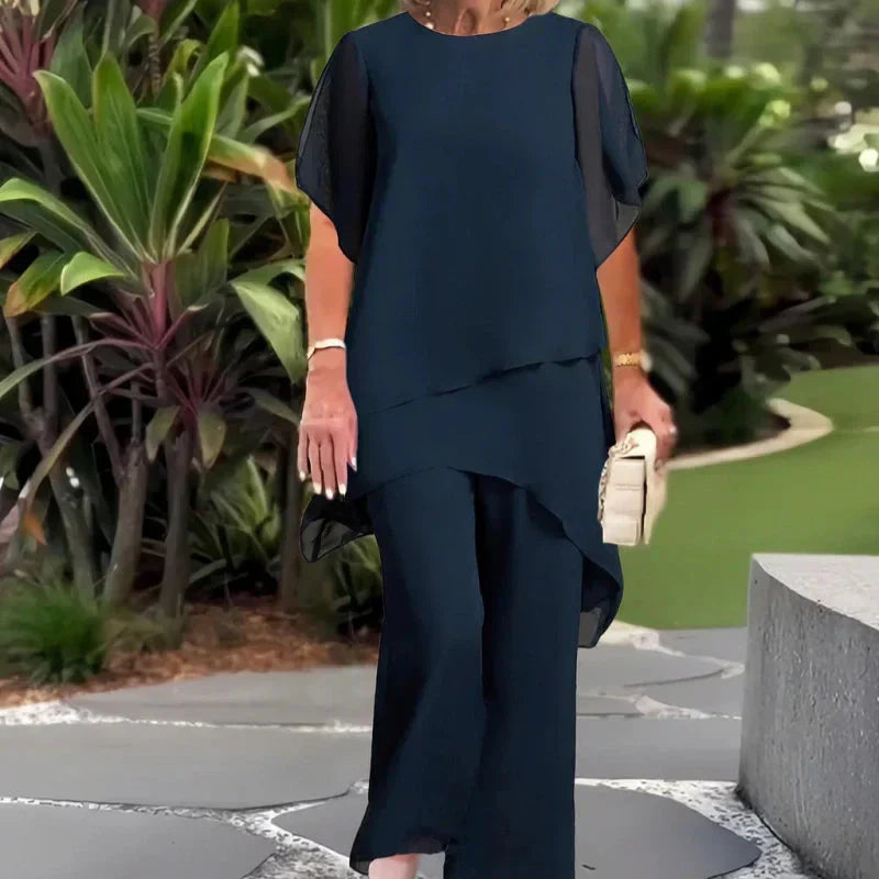 Conjunto Mujer Asimétrico y Pantalón Pierna Ancha