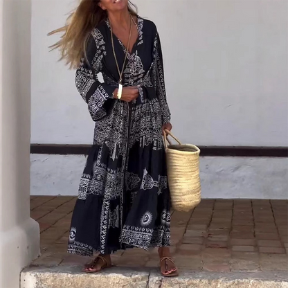 Vestido largo mujer de estilo étnico cuello en V mangas acampanadas - Mavetta