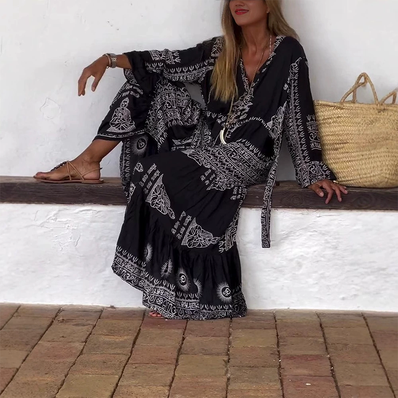 Vestido largo mujer de estilo étnico cuello en V mangas acampanadas