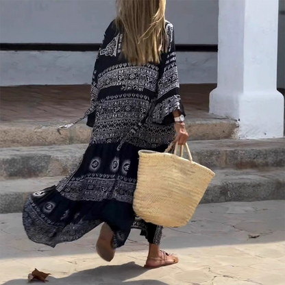 Vestido largo mujer de estilo étnico cuello en V mangas acampanadas