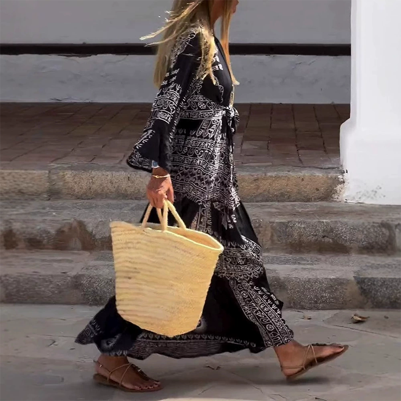 Vestido largo mujer de estilo étnico cuello en V mangas acampanadas