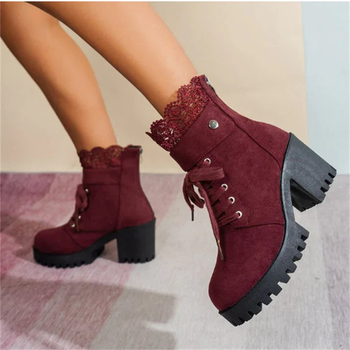 Botines Mujer de Encaje Tacón Grueso