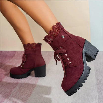 Botines Mujer de Encaje Tacón Grueso