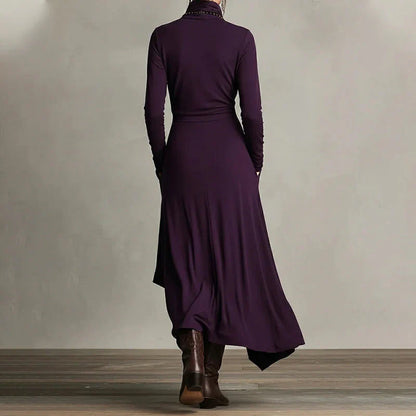 Vestido maxi Mujer cuello alto drapeado asimétrico