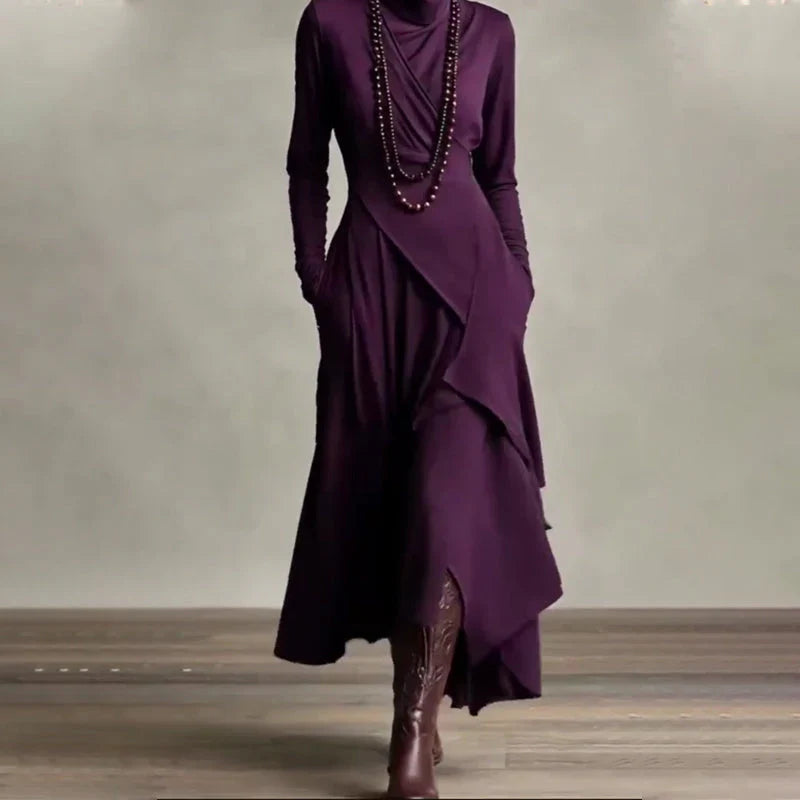 Vestido maxi Mujer cuello alto drapeado asimétrico