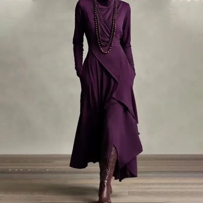 Vestido maxi Mujer cuello alto drapeado asimétrico