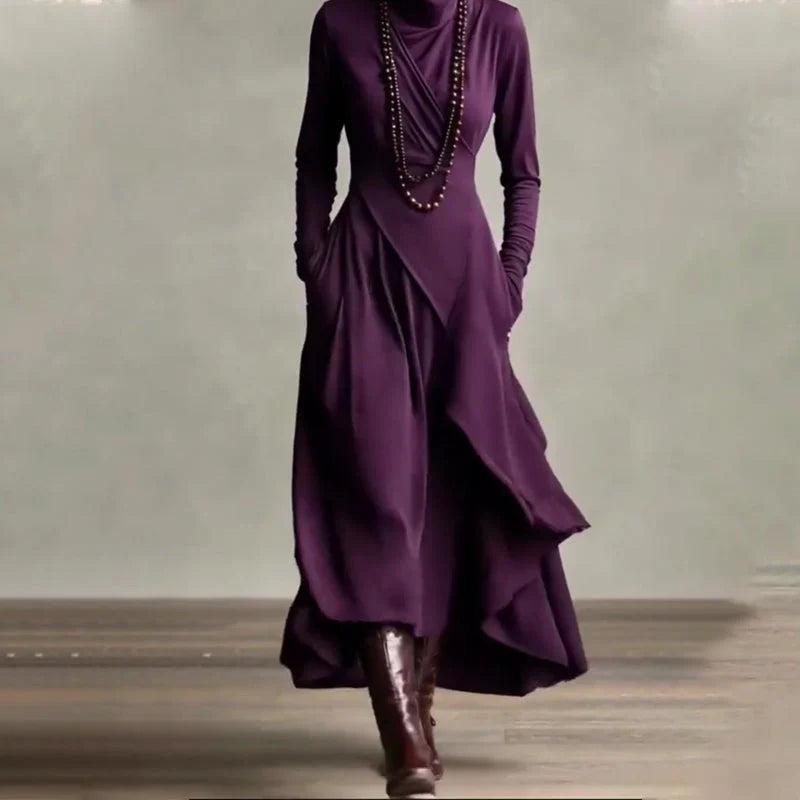 Vestido maxi Mujer cuello alto drapeado asimétrico