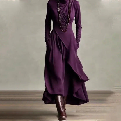Vestido maxi Mujer cuello alto drapeado asimétrico