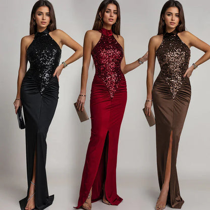 Vestido Halter Mujer con Abertura y Lentejuelas