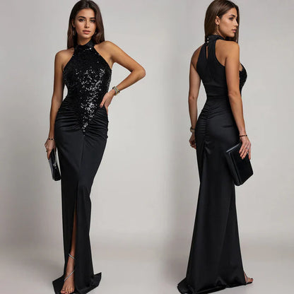 Vestido Halter Mujer con Abertura y Lentejuelas