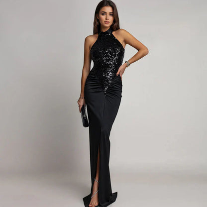 Vestido Halter Mujer con Abertura y Lentejuelas