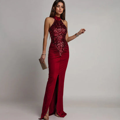 Vestido Halter Mujer con Abertura y Lentejuelas