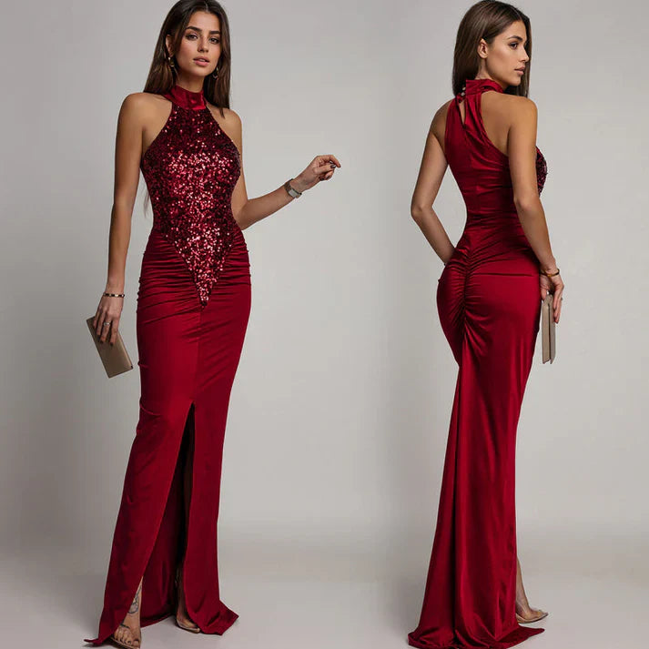 Vestido Halter Mujer con Abertura y Lentejuelas