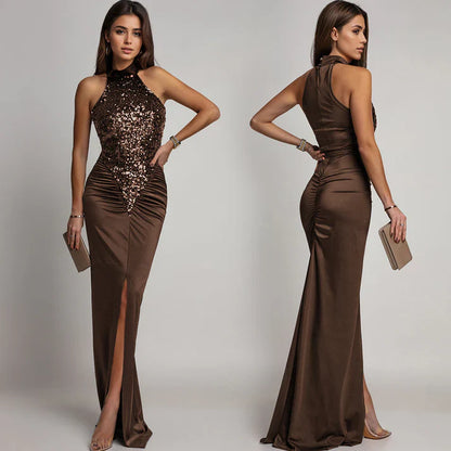 Vestido Halter Mujer con Abertura y Lentejuelas