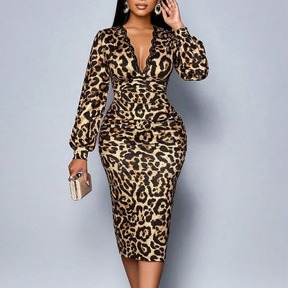Vestido midi Mujer de Encaje y Leopardo Escote en V