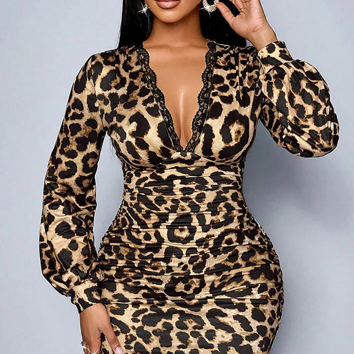 Vestido midi Mujer de Encaje y Leopardo Escote en V