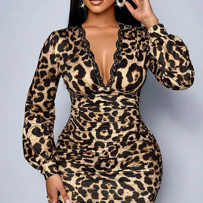 Vestido midi Mujer de Encaje y Leopardo Escote en V