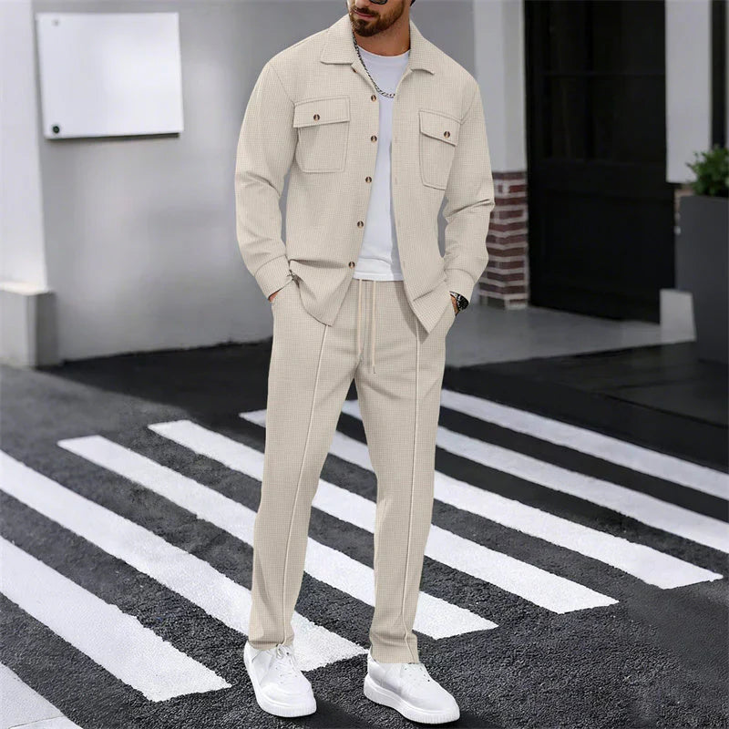 Conjunto Hombre Chaqueta Abotonada y Pantalón Waffle