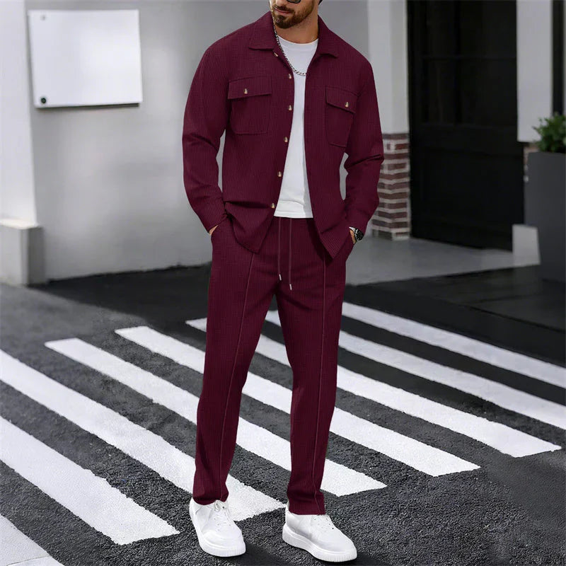Conjunto Hombre Chaqueta Abotonada y Pantalón Waffle