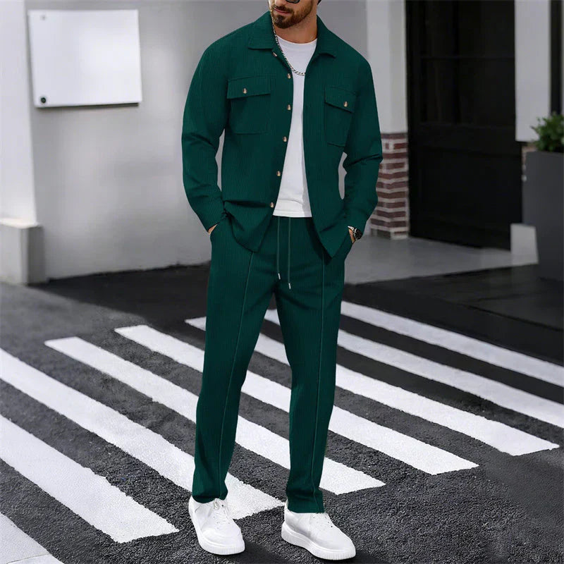 Conjunto Hombre Chaqueta Abotonada y Pantalón Waffle