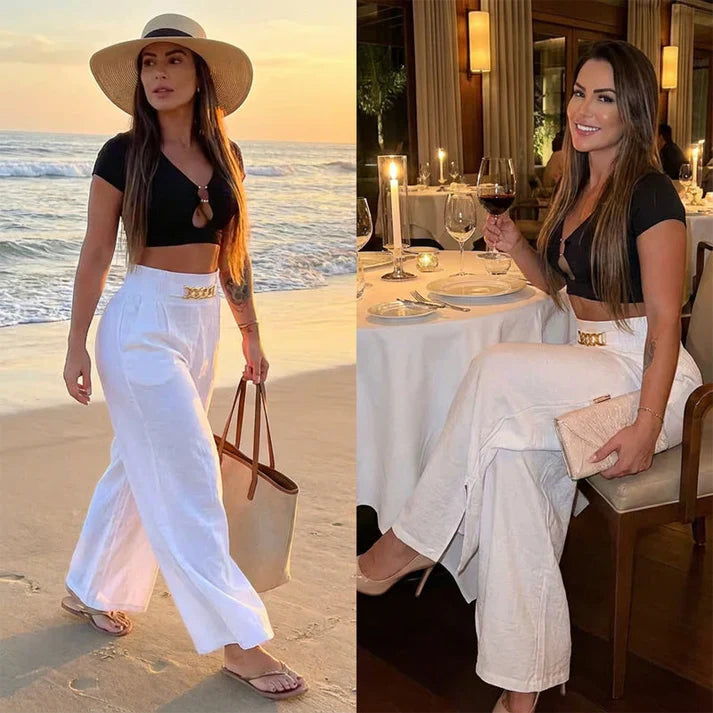 Pantalones Mujer Anchos Cintura Alta Cinturón Ajustable