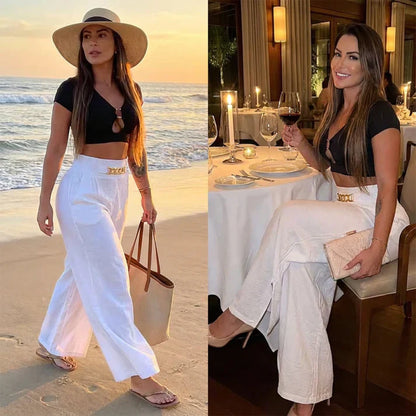Pantalones Mujer Anchos Cintura Alta Cinturón Ajustable