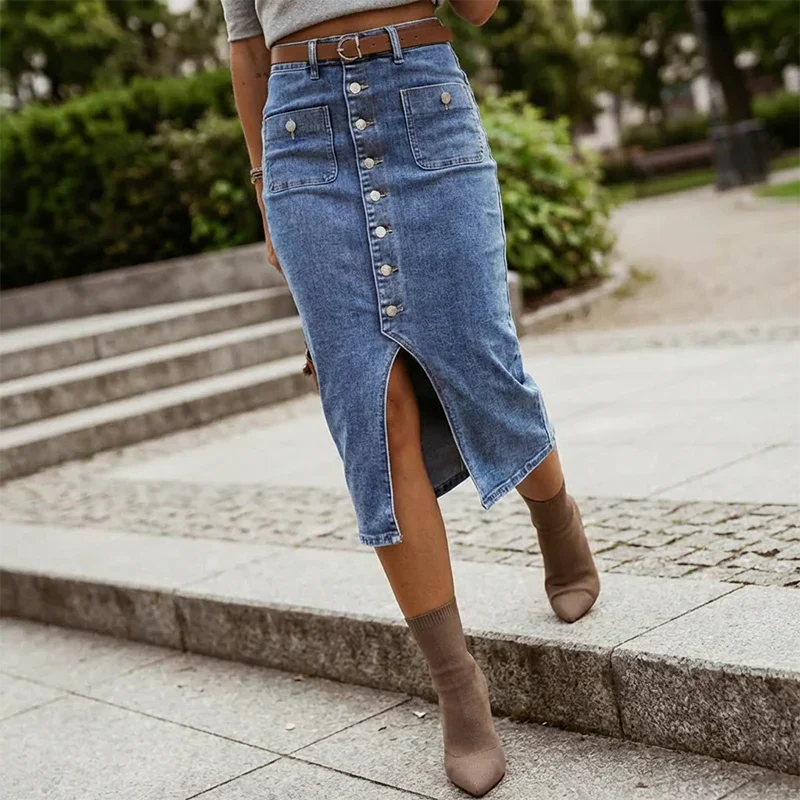 Falda Midi Mujer Vaquera con Botones