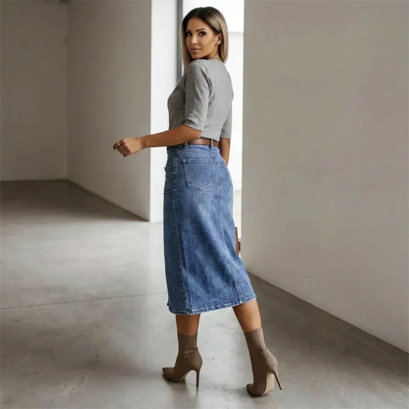 Falda Midi Mujer Vaquera con Botones
