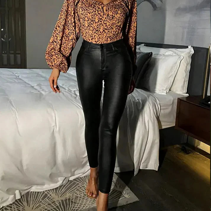 Pantalones mujer efecto piel ajustados cintura alta