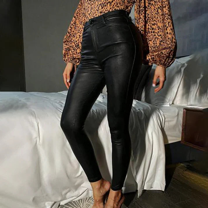 Pantalones mujer efecto piel ajustados cintura alta