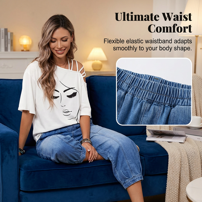 Jeans Mujer Algodón Cintura Elástica Corte Cropped Holgado
