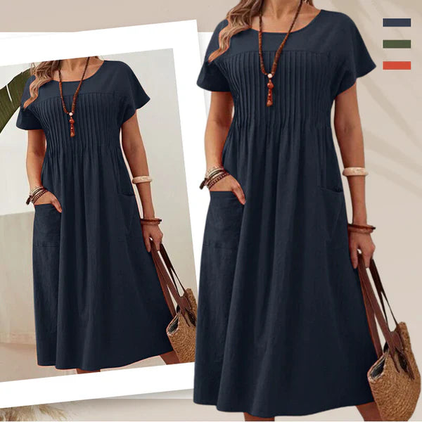 Vestido Mujer Plisado con Mangas Cortas y Bolsillos