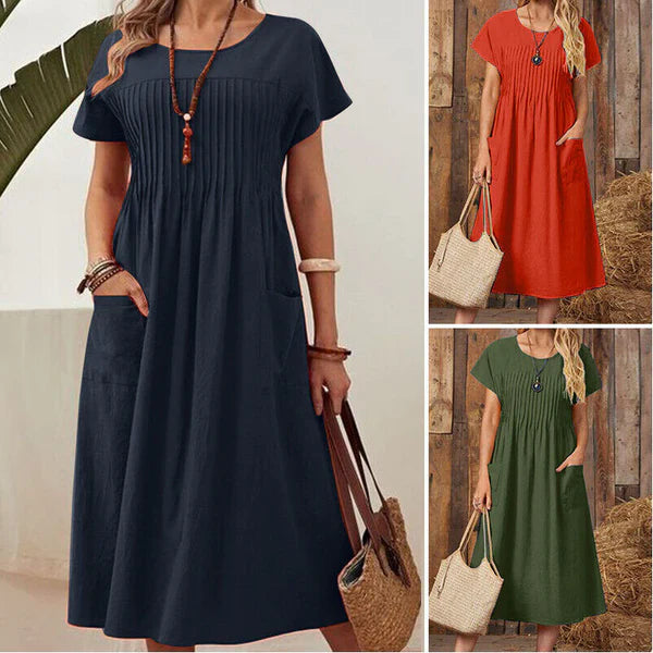 Vestido Mujer Plisado con Mangas Cortas y Bolsillos