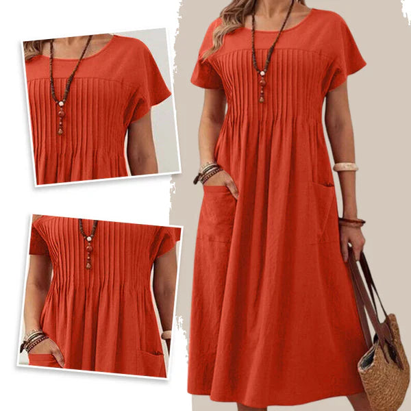 Vestido Mujer Plisado con Mangas Cortas y Bolsillos