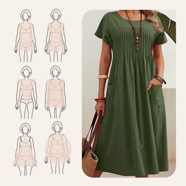 Vestido Mujer Plisado con Mangas Cortas y Bolsillos