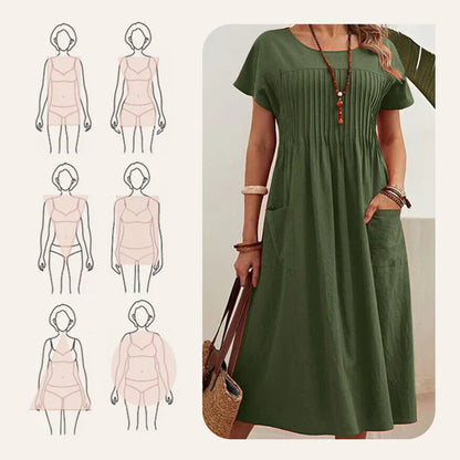 Vestido Mujer Plisado con Mangas Cortas y Bolsillos