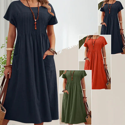 Vestido Mujer Plisado con Mangas Cortas y Bolsillos