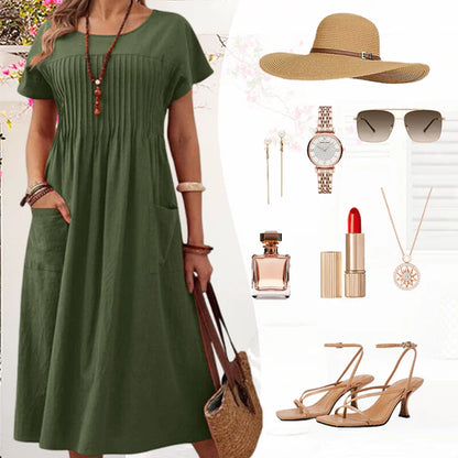 Vestido Mujer Plisado con Mangas Cortas y Bolsillos