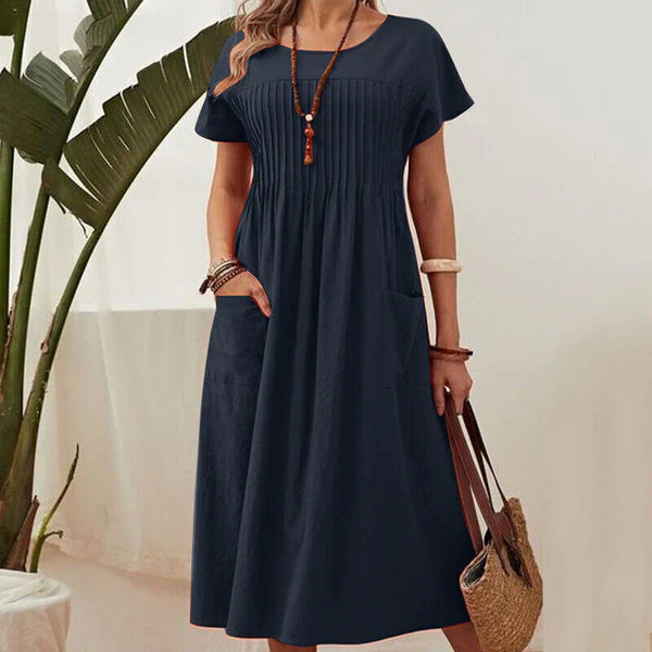 Vestido Mujer Plisado con Mangas Cortas y Bolsillos