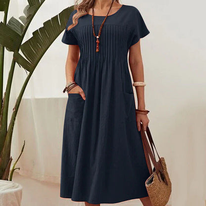 Vestido Mujer Plisado con Mangas Cortas y Bolsillos