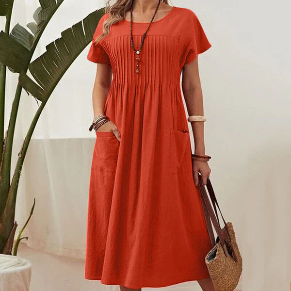 Vestido Mujer Plisado con Mangas Cortas y Bolsillos