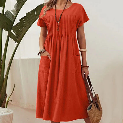 Vestido Mujer Plisado con Mangas Cortas y Bolsillos