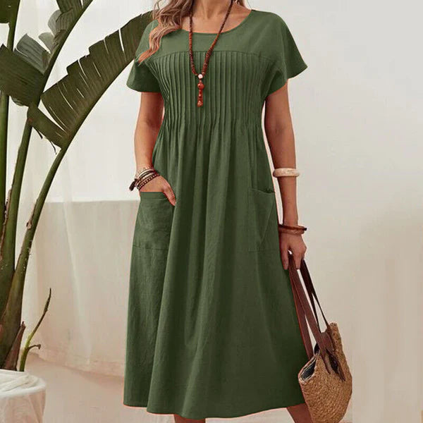 Vestido Mujer Plisado con Mangas Cortas y Bolsillos