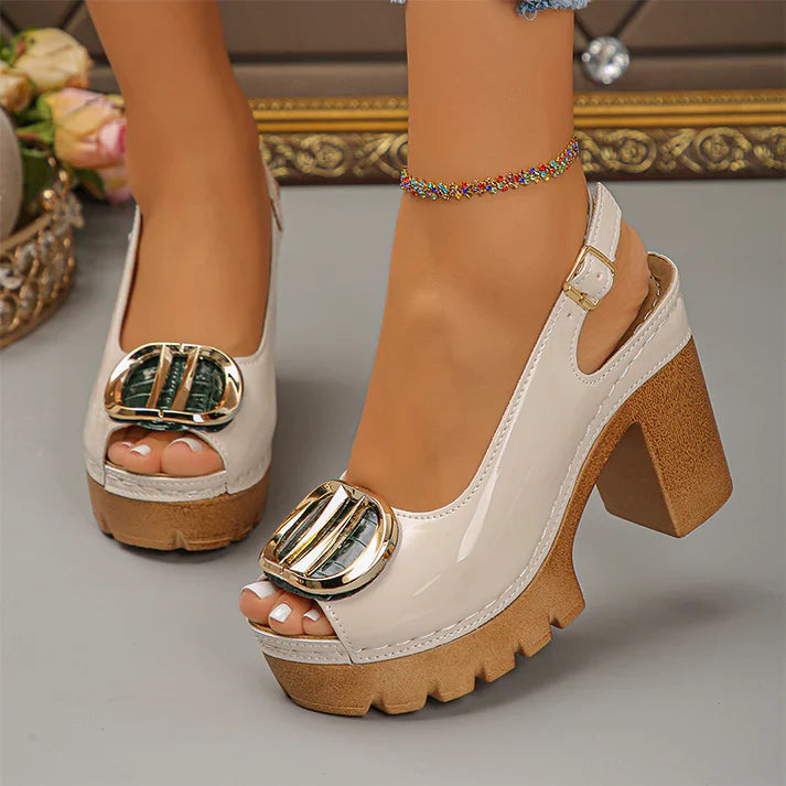 Sandalias Mujer peeptoe tacón ancho hebilla metálica
